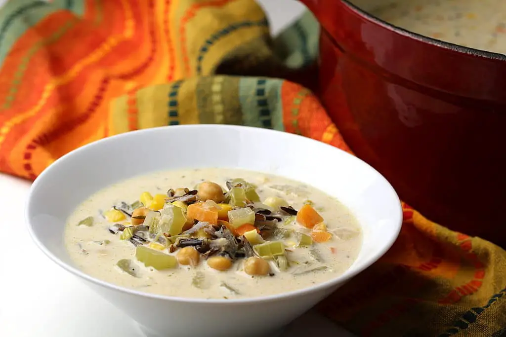 photograph of a bowl of creamy dreamy wild rice soup
