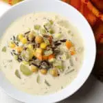 photograph of a bowl of creamy dreamy wild rice soup
