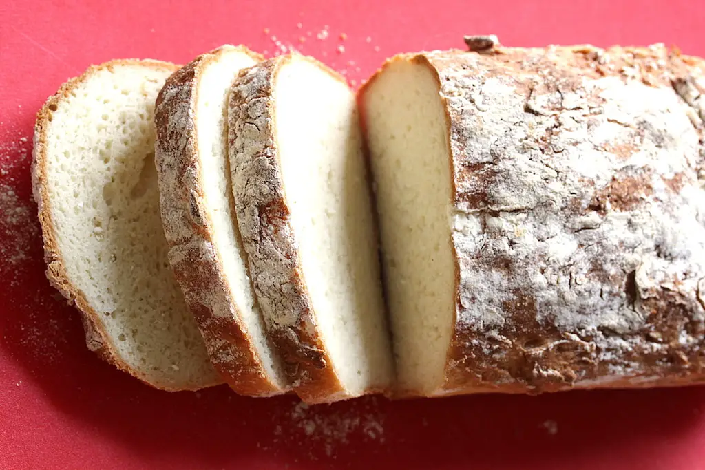 Overhead shot of Easy Gluten-Free Sandwich Bread loaf sliced