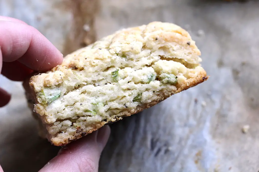 Close up of a vegan gluten-free sour cream and onion biscuit 