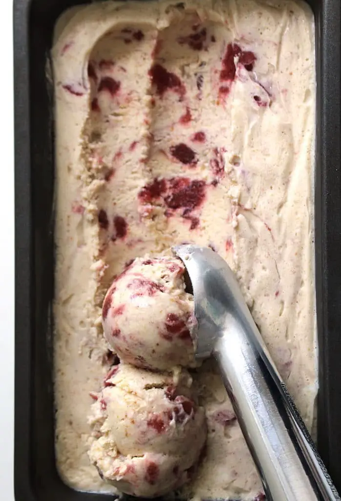 image of peanut-butter jam ice cream that is no-churn and vegan