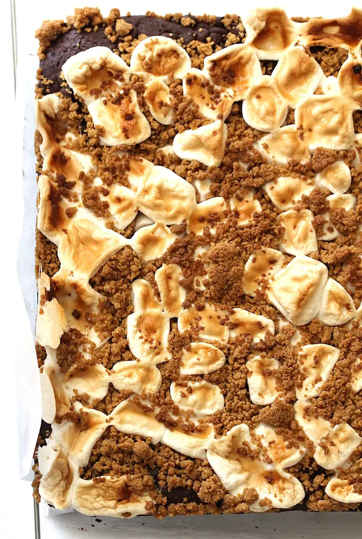 Vegan Gluten-Free S'mores Brownies on a cooling rack uncut